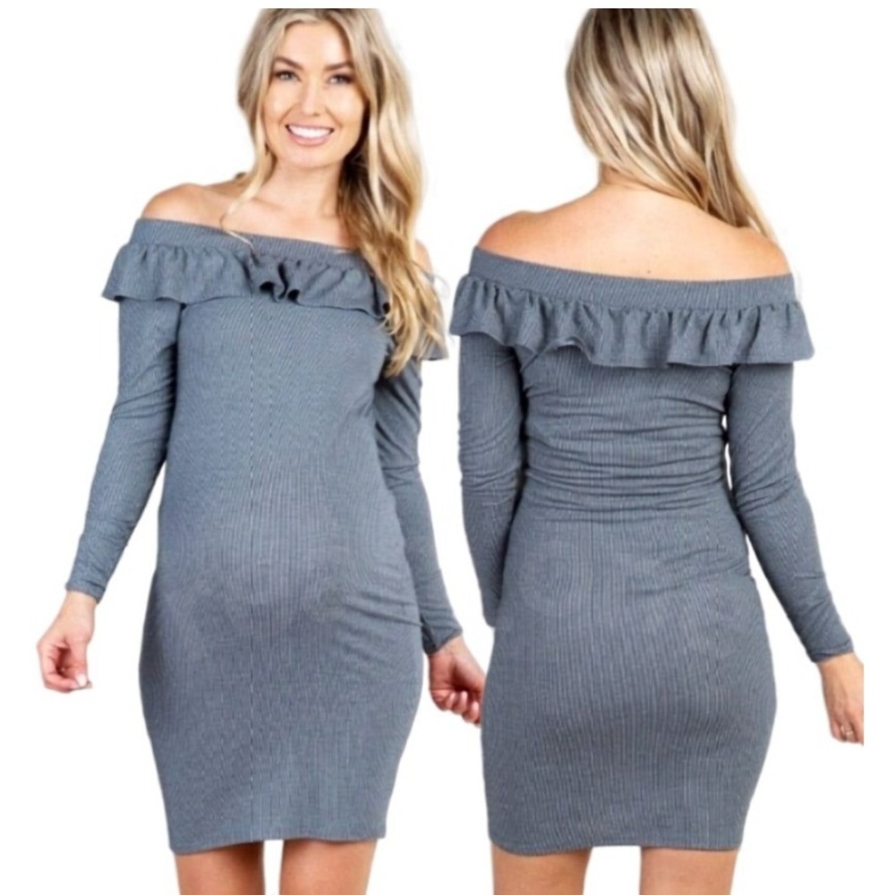 Pink Blush Pinstriped Off Shoulder Ruffle Accent Maternity Dress Charcoal XL NWT
